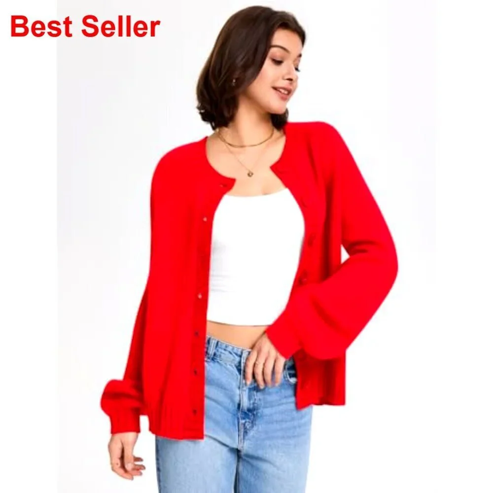Oversized Button Front Cardigan Lantern Sleeve Sweater Open Front Women's